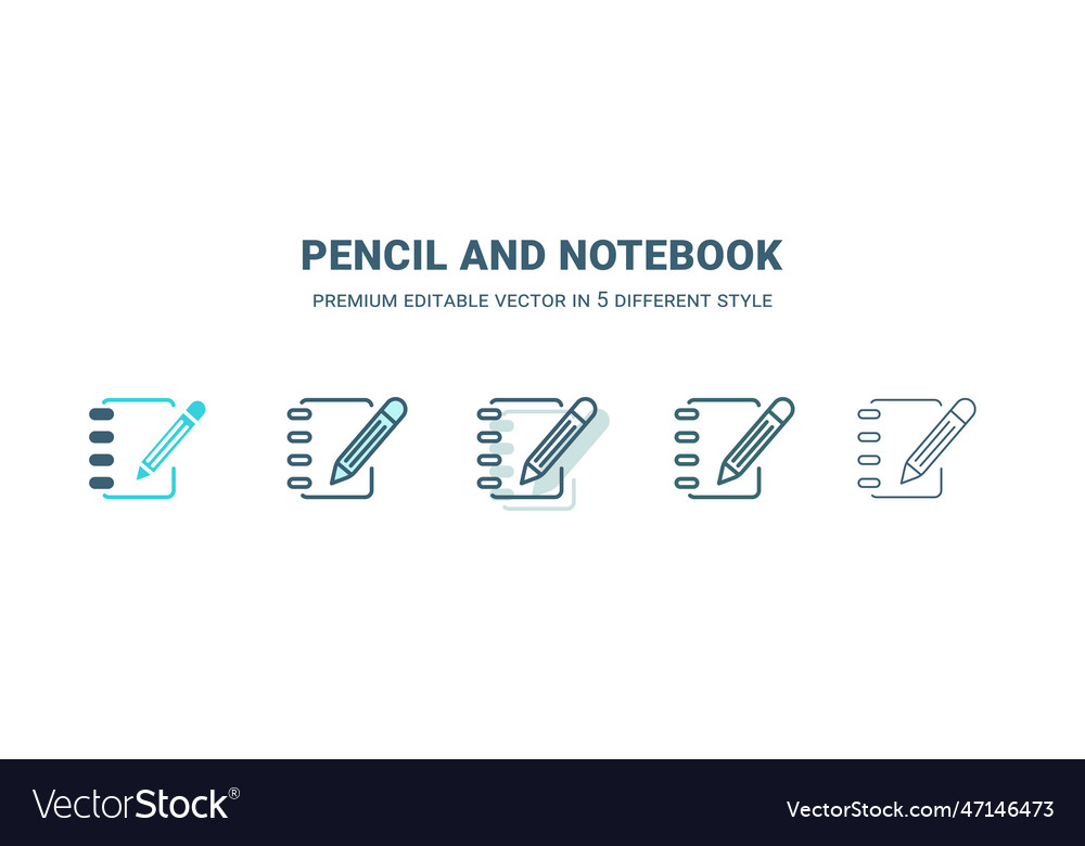 Pencil and notebook icon in 5 different style vector image Pencil and notebook icon in 5 different style