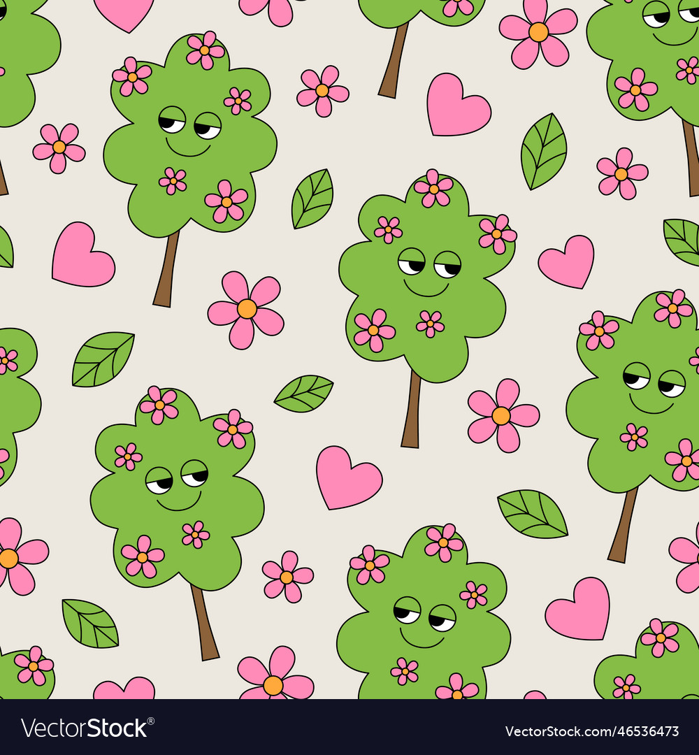 Seamless pattern with smiling blooming tree