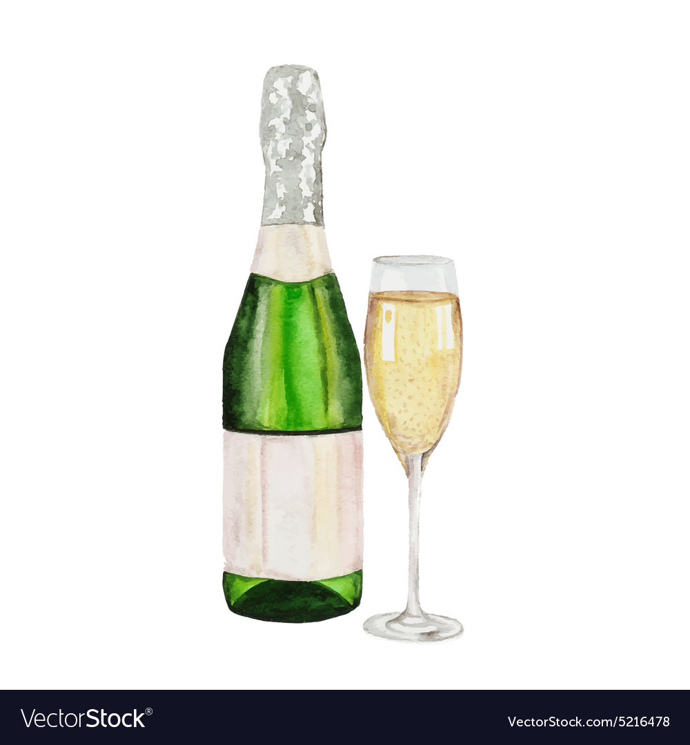 Champagne Bottle And Champagne Glass Watercolor Vector Image