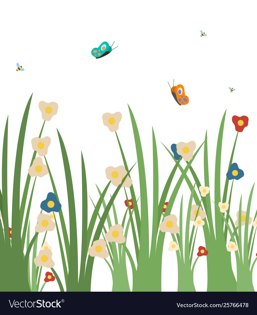 Grass with flowers blooming and flying butterflies