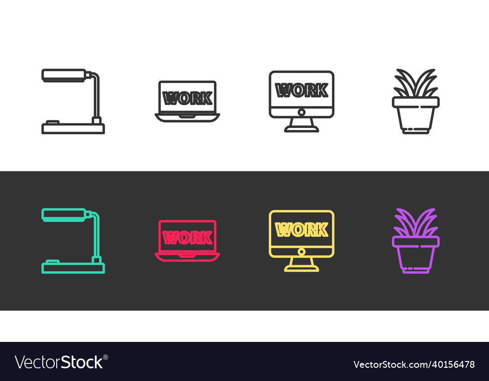Set line table lamp laptop with text work vector image Set line table lamp laptop with text work