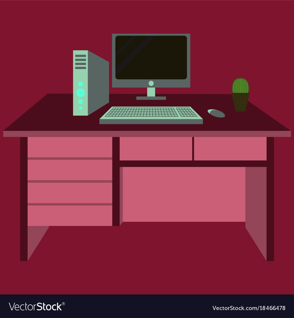 Workplace Desk Computer Plant Top Angle View Flat Vector Image