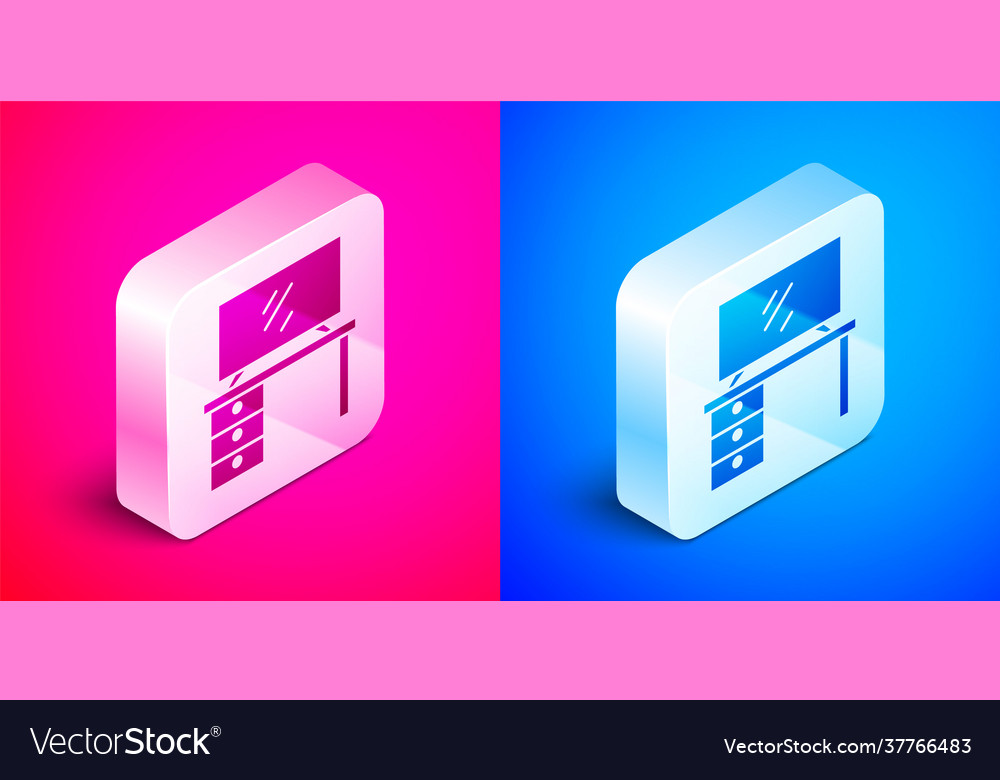 Isometric tv table stand icon isolated on pink