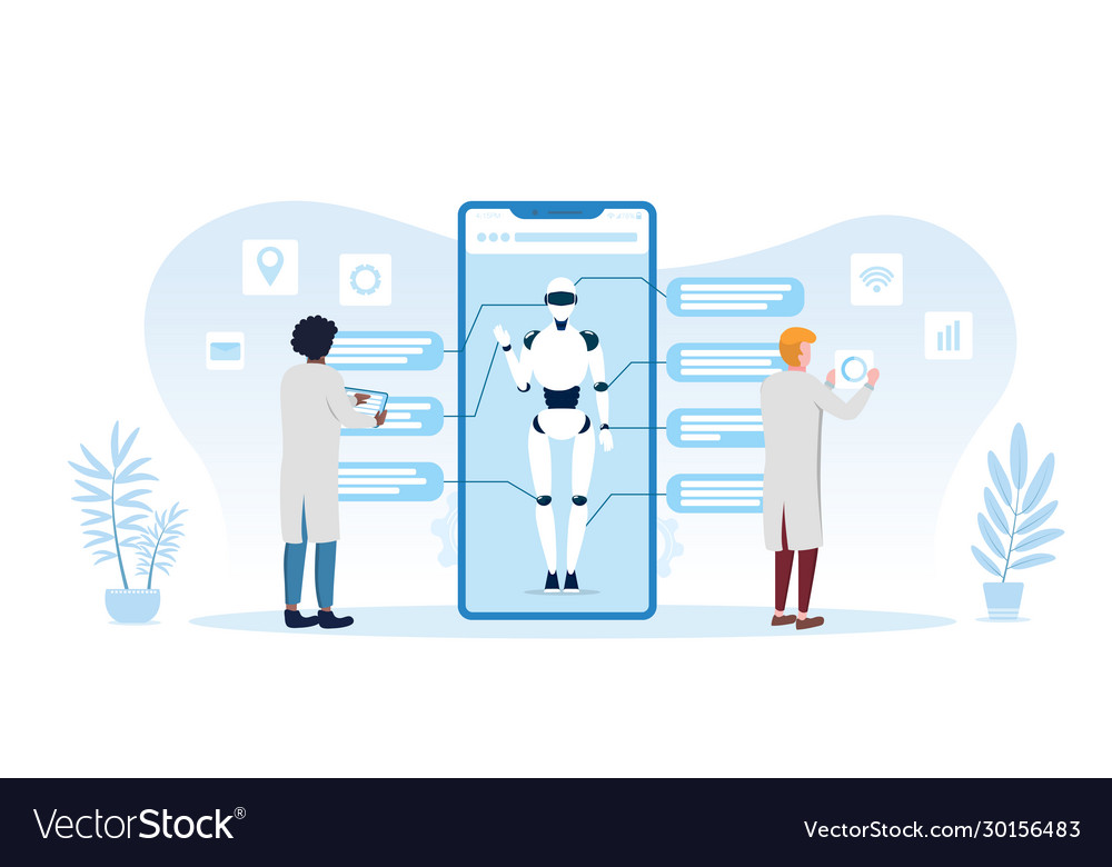 Two scientists developing a digital robot vector image Two scientists developing a digital robot