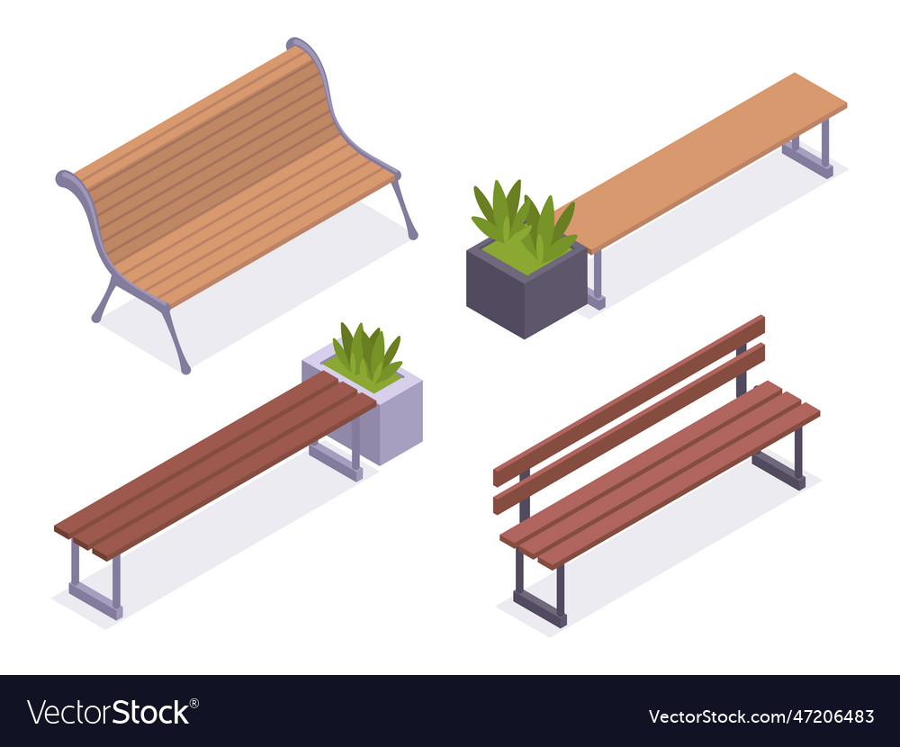 Wooden benches isometric garden backyard or city