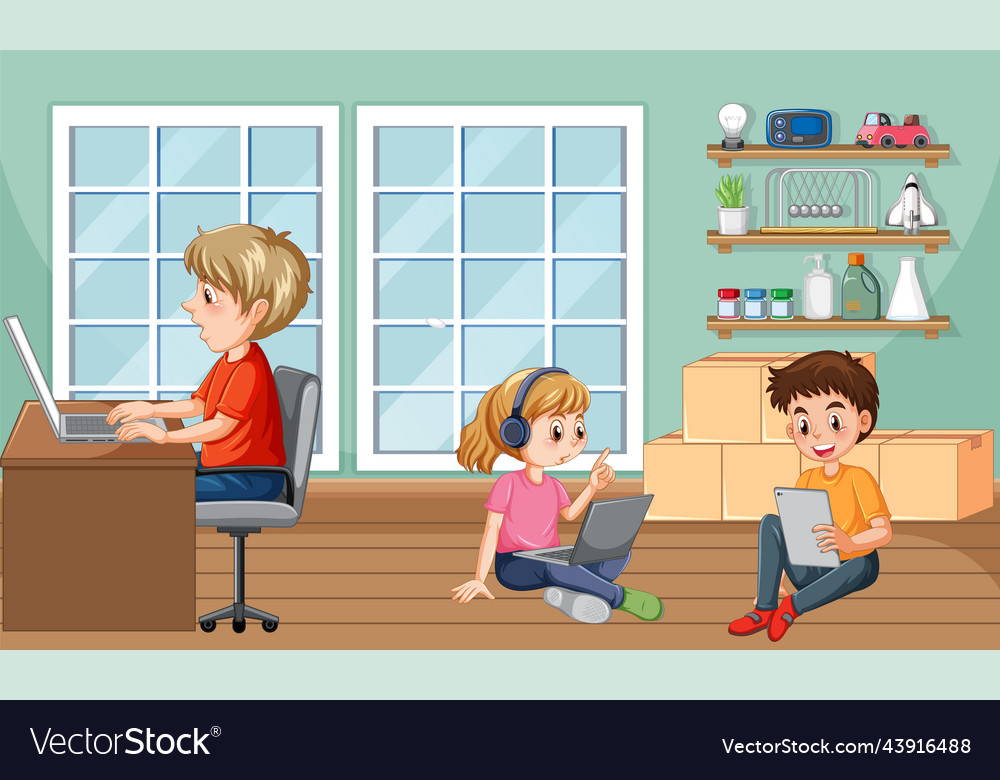 At home scene with children using their laptops Vector Image