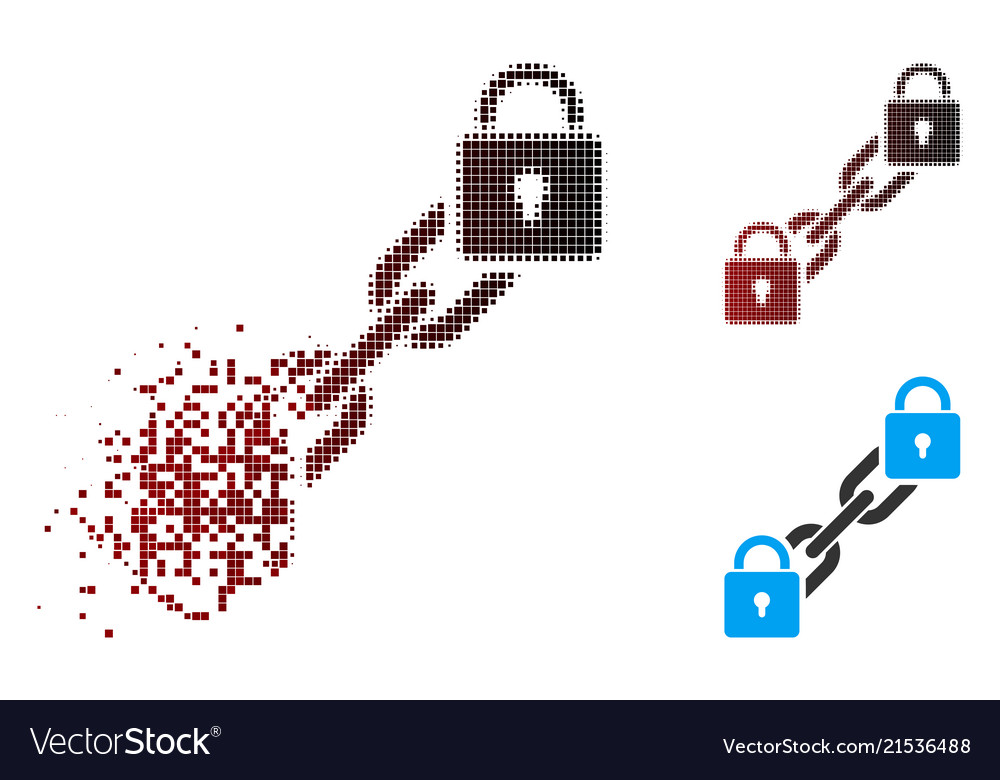 Fractured pixel halftone lock blockchain icon