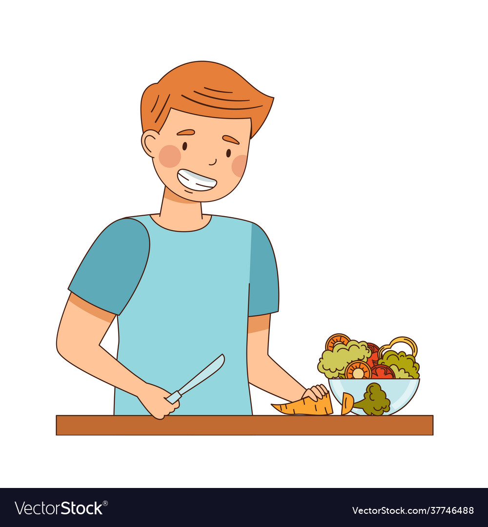 Vegetarian male at table cutting raw vegetables Vector Image