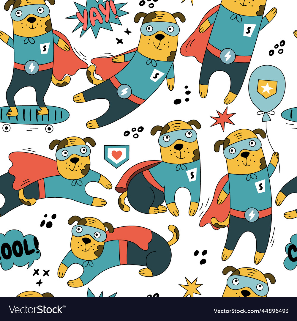 Hero dog character seamless pattern in different