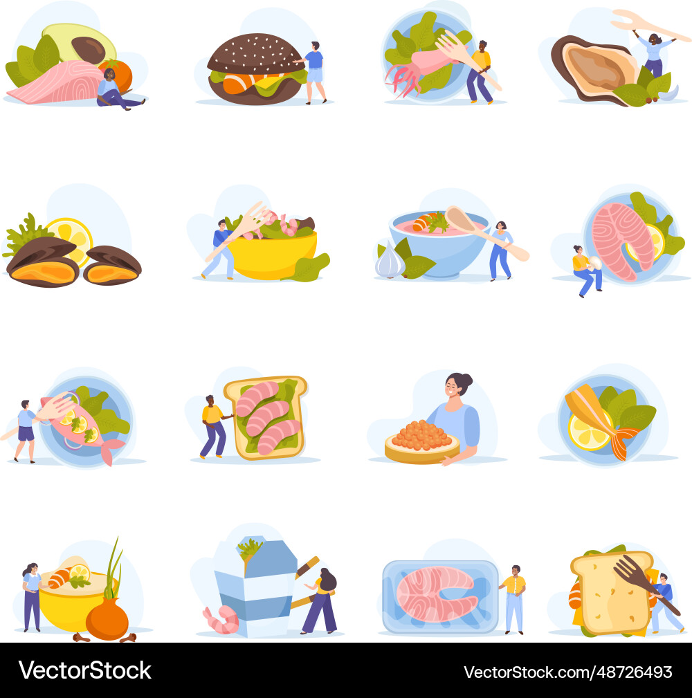 Seafood flat set Royalty Free Vector Image - VectorStock
