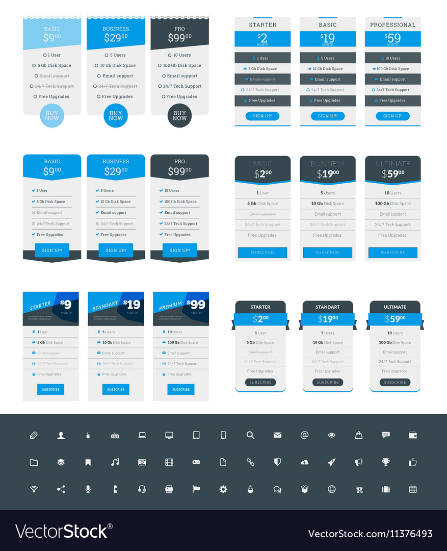 Set of pricing table design templates for websites
