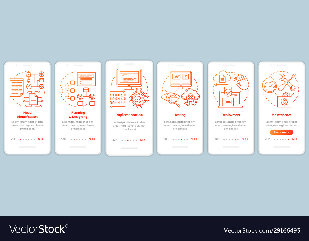 Software development stages onboarding mobile app vector image Software development stages onboarding mobile app