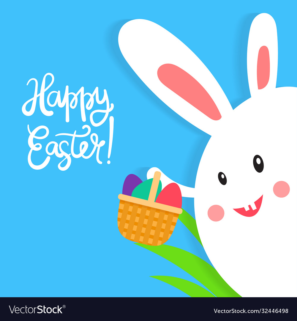 Happy funny cartoon kawaii bunny with grass