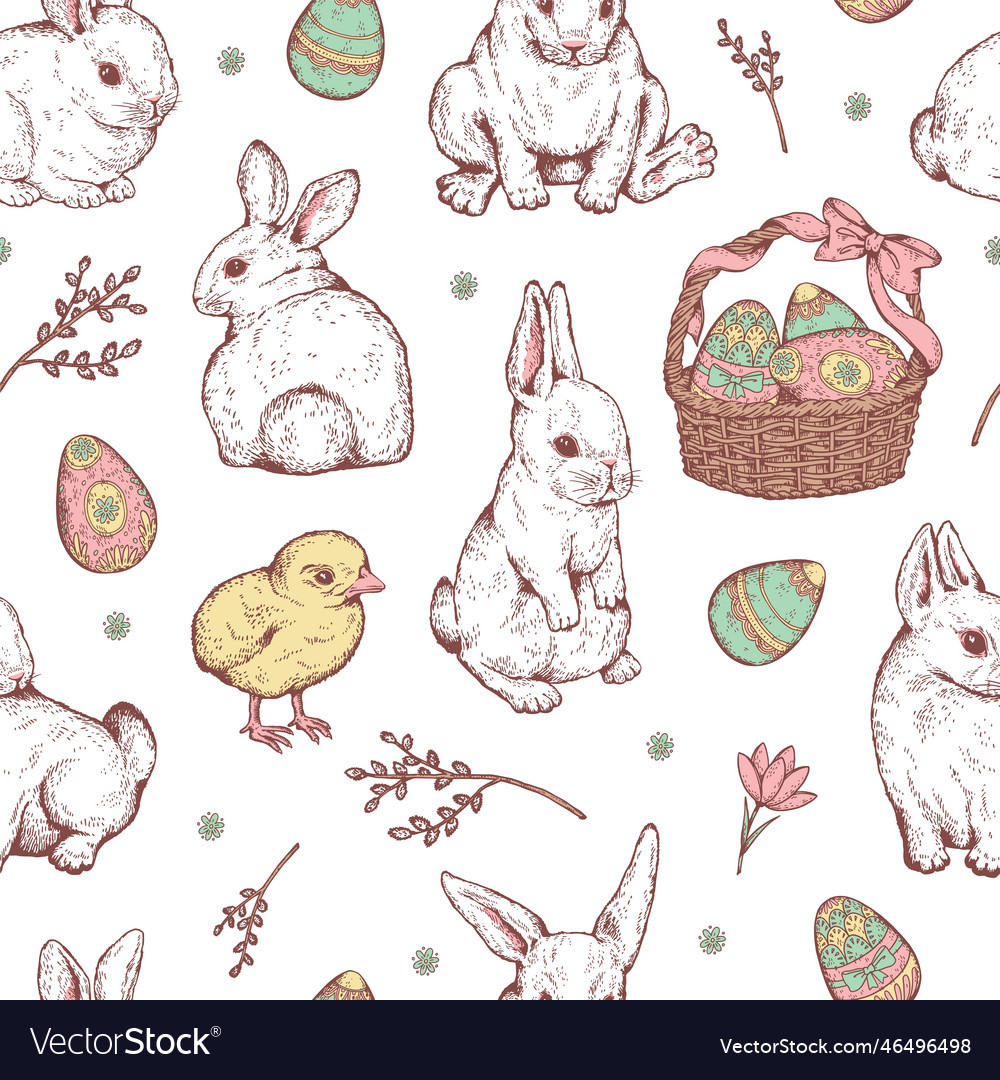Seamless pattern with easter rabbits and coloured