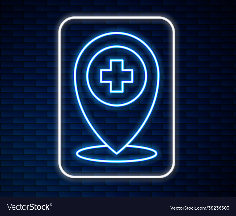 Glowing neon line medical map pointer with cross vector image Glowing neon line medical map pointer with cross