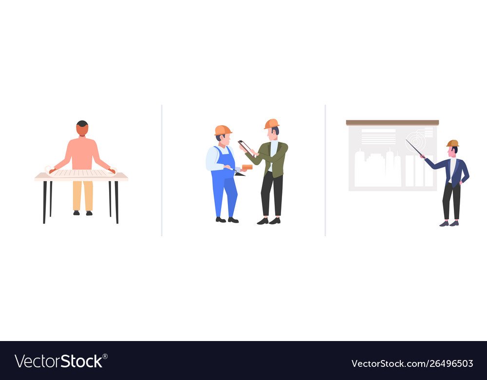 Set architects working with blueprint engineers Vector Image Set architects working with blueprint engineers