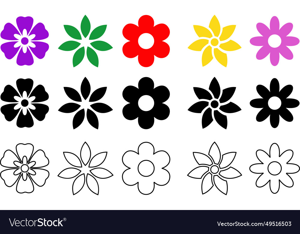 Spring flowers colorful and black set isolated