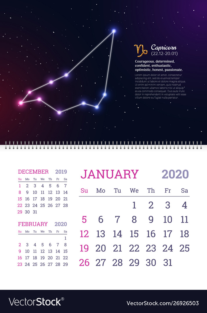 Wall calendar for january 2020 year