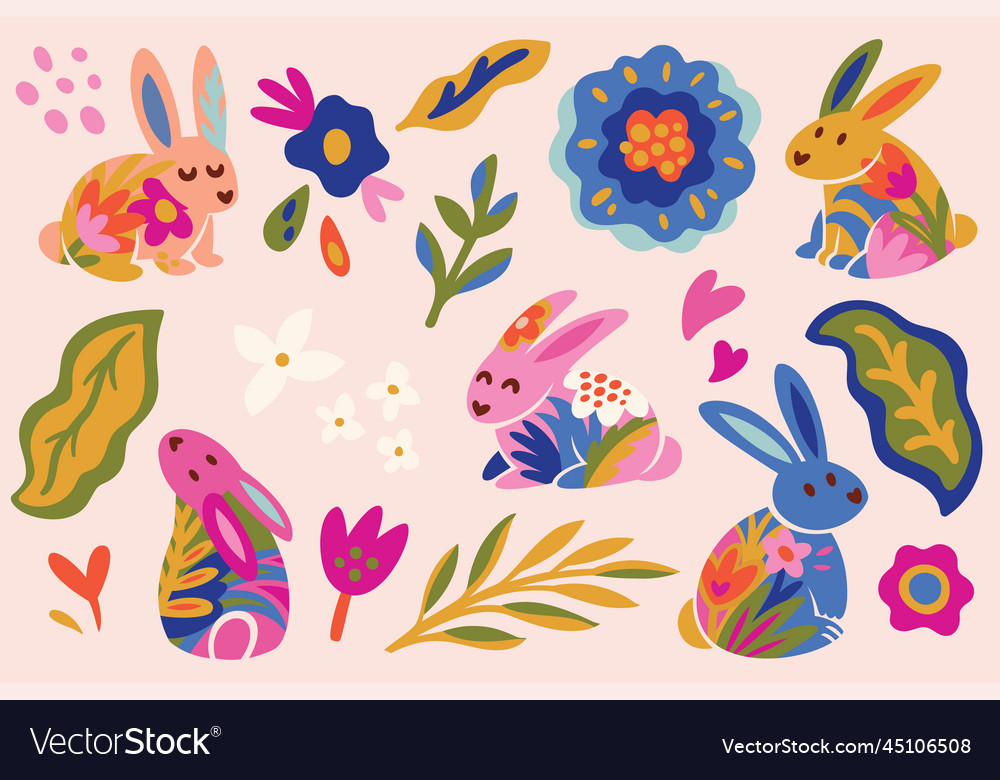 Floral Bunny Cartoon Set