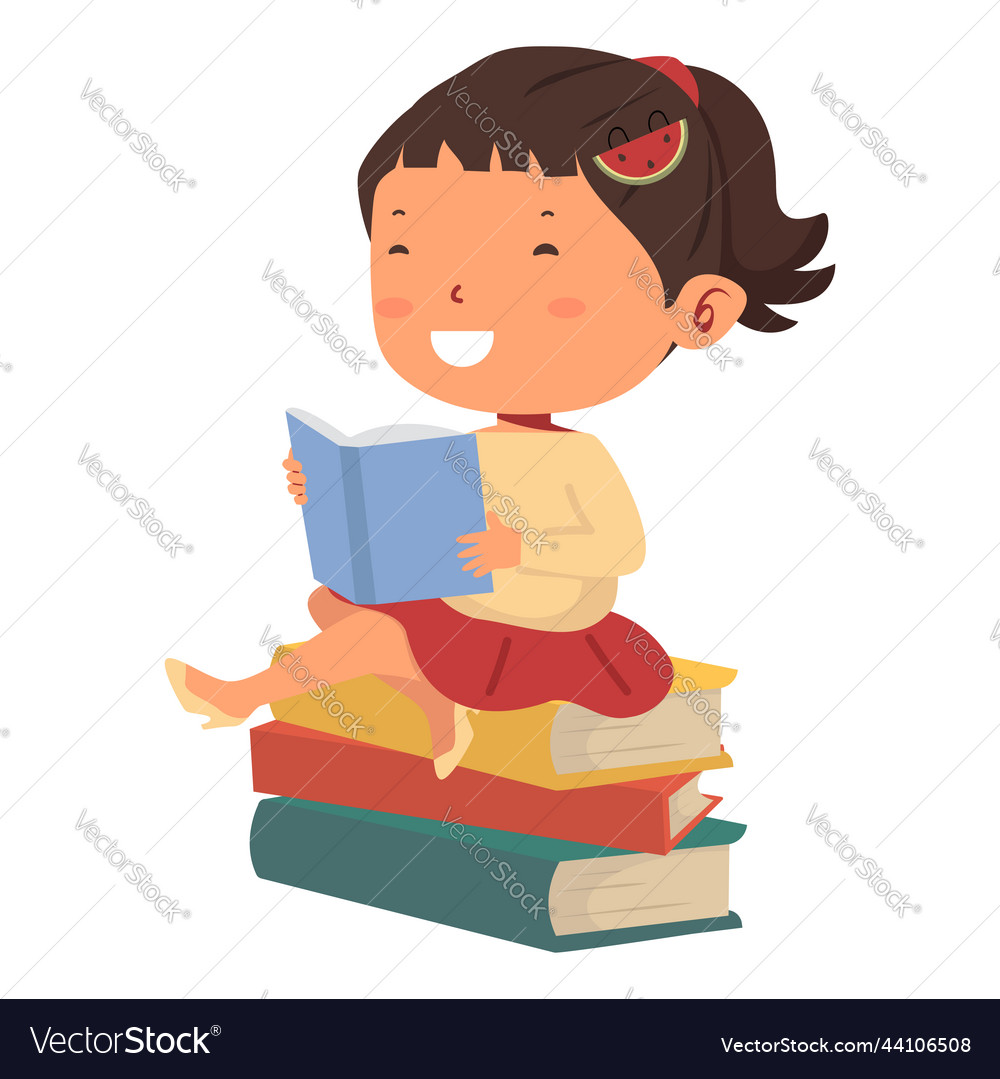 Girl reading the book sitting on pile of books