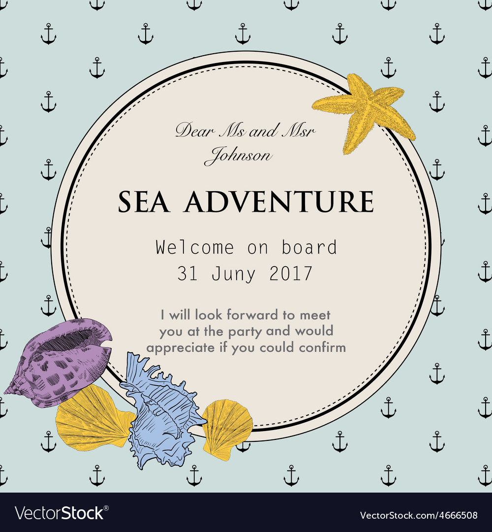 Round card in sea style with seashell starfish