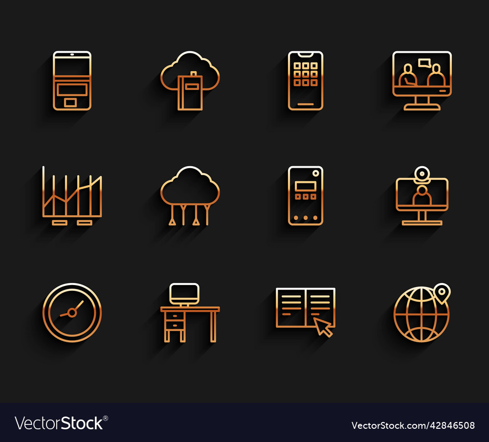 Set line clock computer monitor and desk laptop vector image Set line clock computer monitor and desk laptop