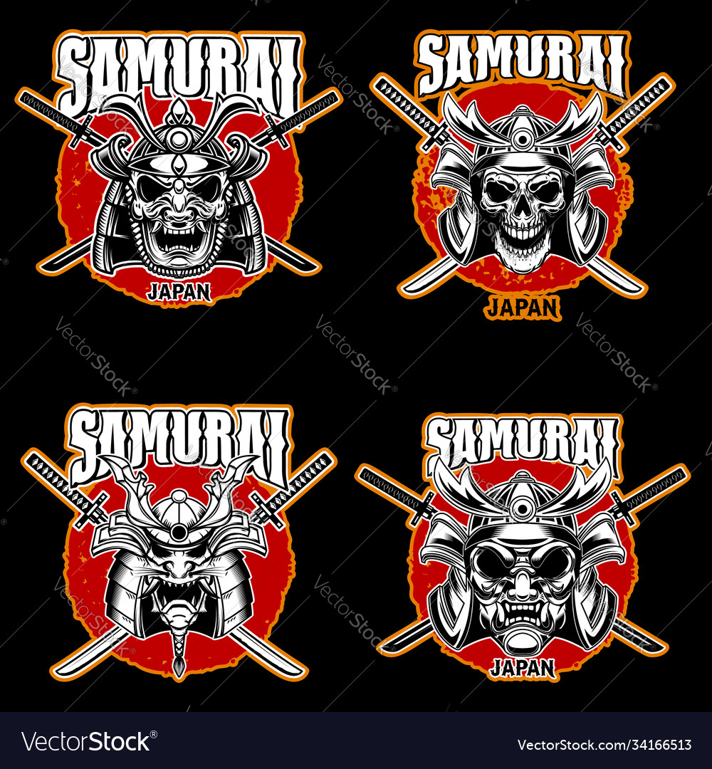 Set vintage monochrome samurai helmets and Vector Image