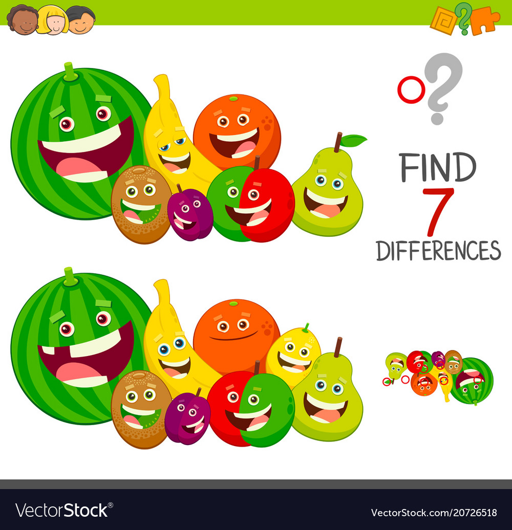 Differences game with fruit characters Royalty Free Vector