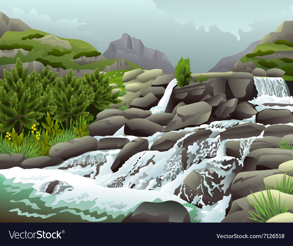 Mountain river with waterfalls in cloudy weather