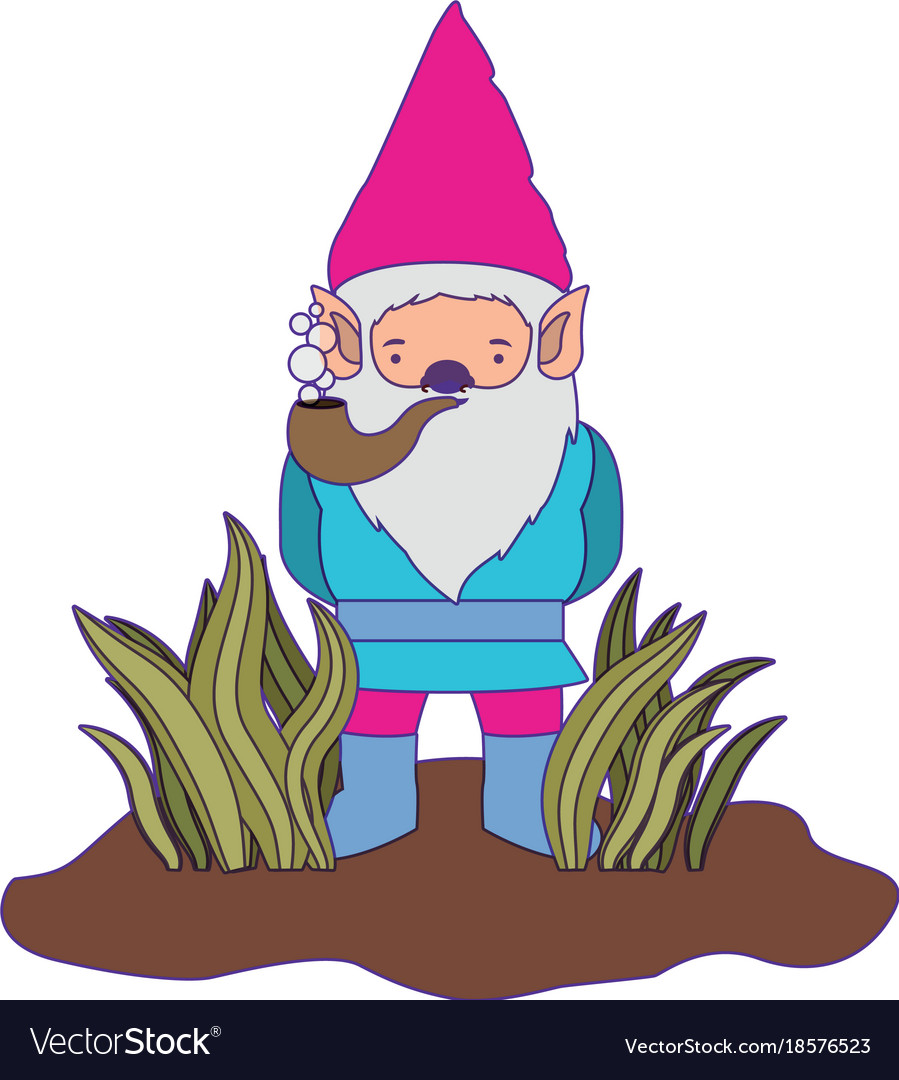 Gnome coming out of the bushes with smoking pipe