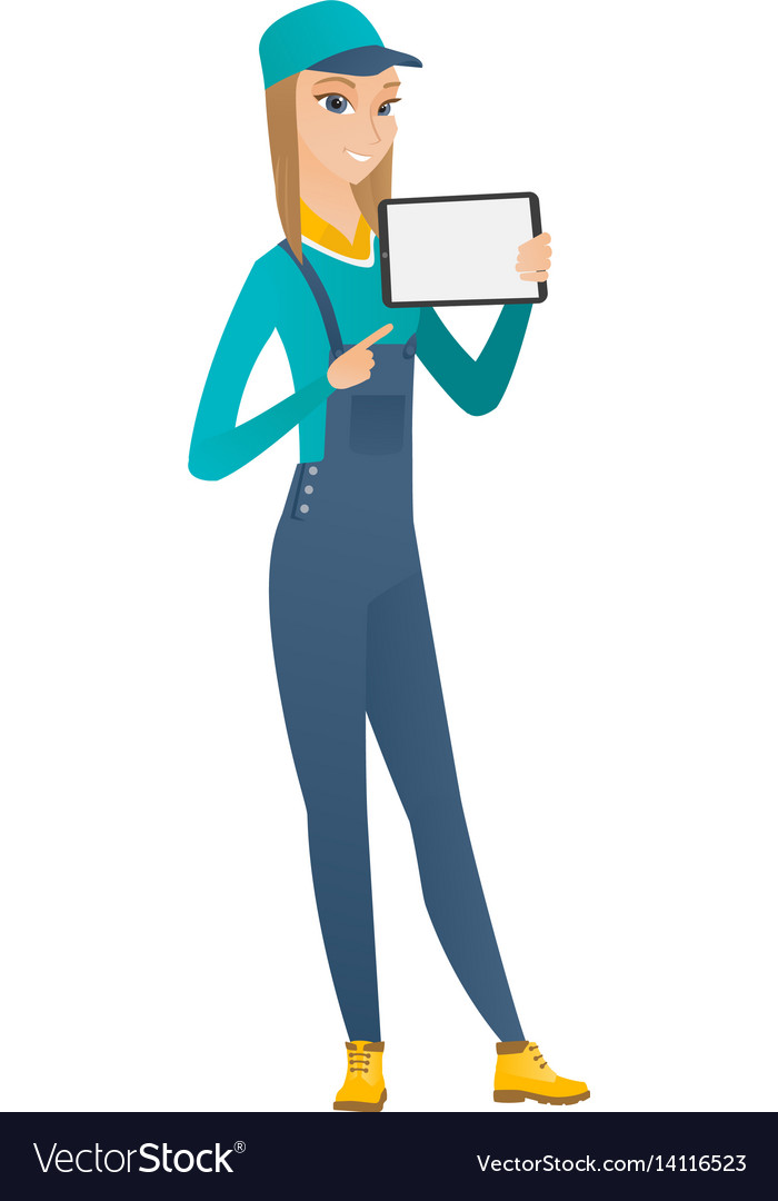 Smiling mechanic holding tablet computer