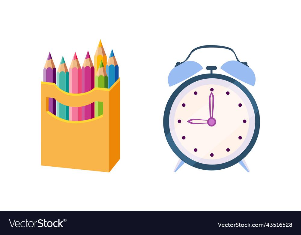 Alarm clock with dial and colored pencil in box Vector Image Alarm clock with dial and colored pencil in box
