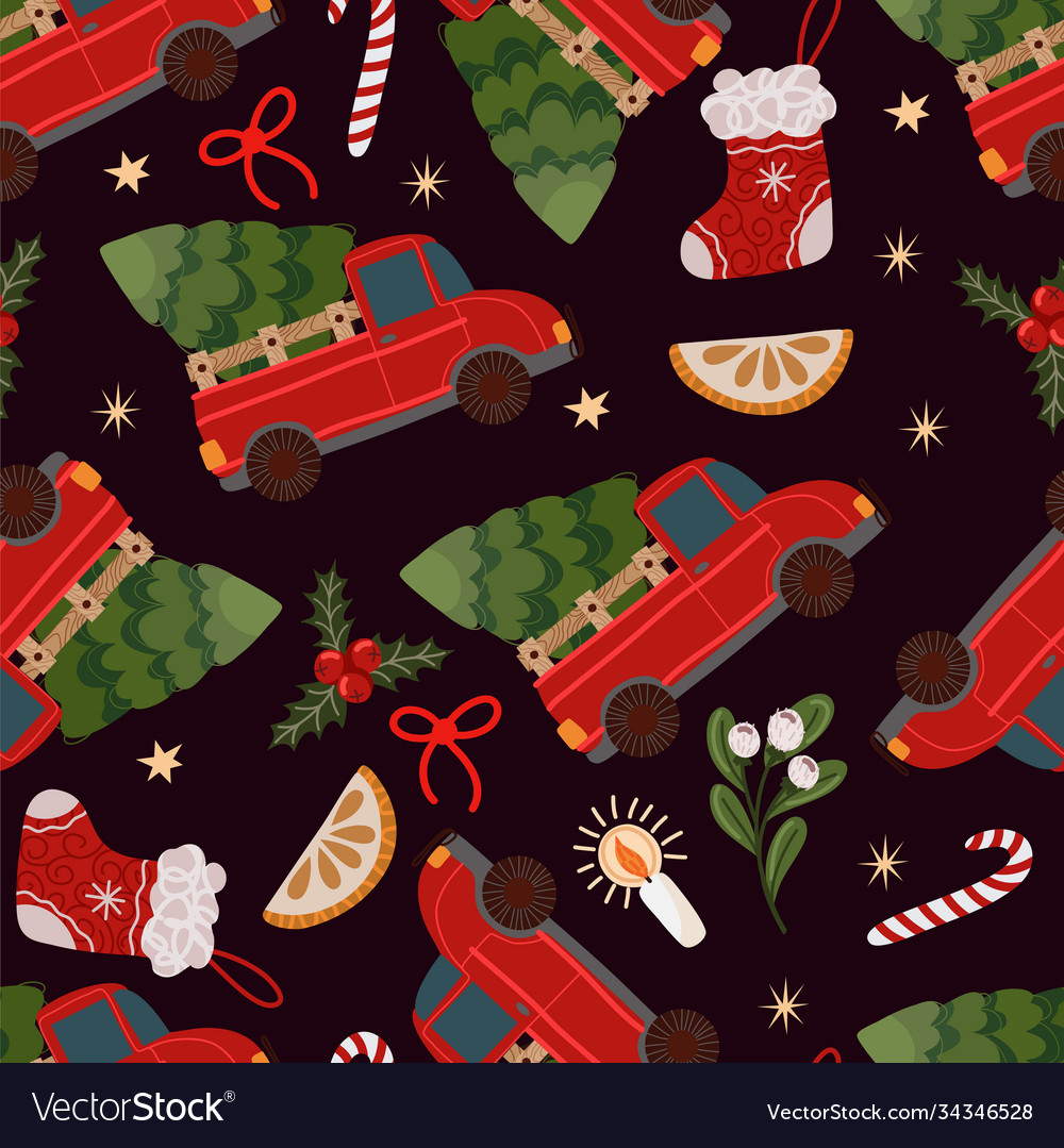 Seamless pattern with red pickup truck vector image Seamless pattern with red pickup truck