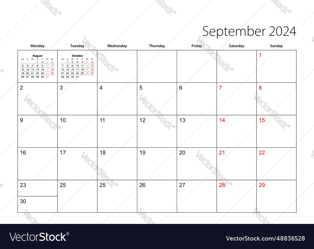 September 2024 simple calendar planner week Vector Image