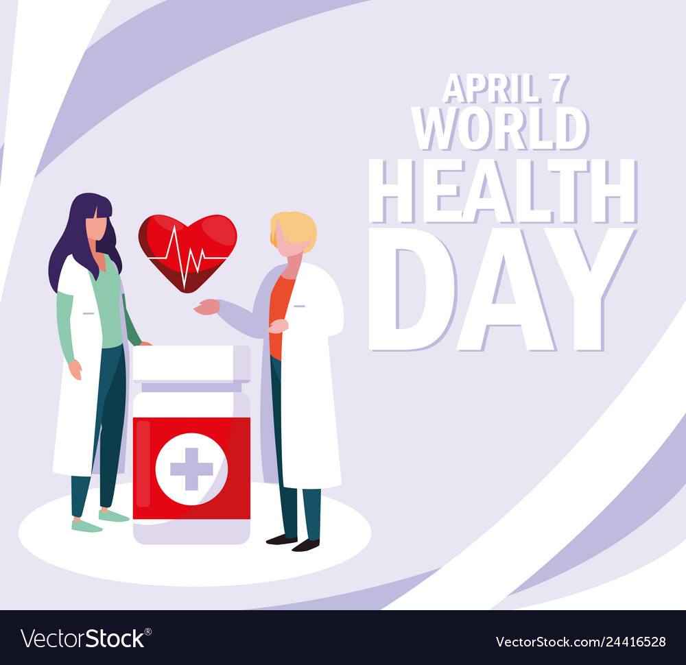 World health day with couple doctors and icons