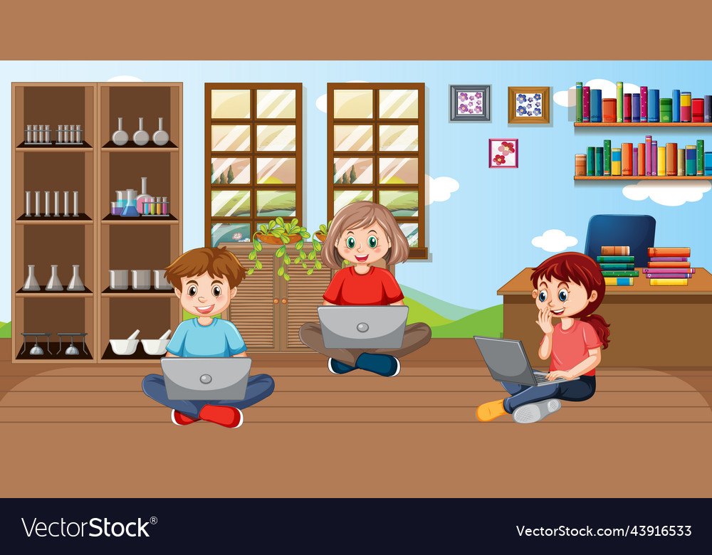 At home scene with children using their laptops Vector Image