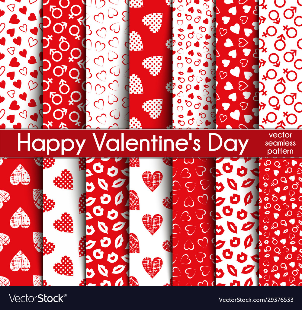 Fourteen valentines day seamless patterns vector image Fourteen valentines day seamless patterns