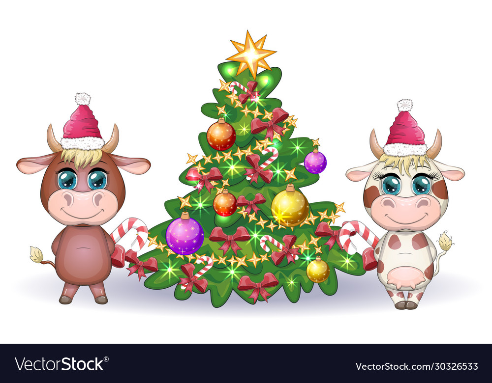 Cartoon Ox Santa Christmas 2021. Happy New Year With Cow And Ox