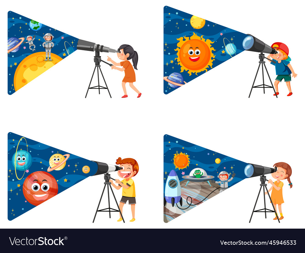 Set of kids using telescope isolated