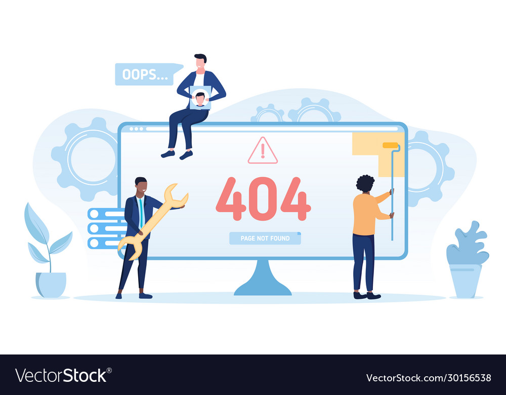 Computer technicians repairing a 404 error