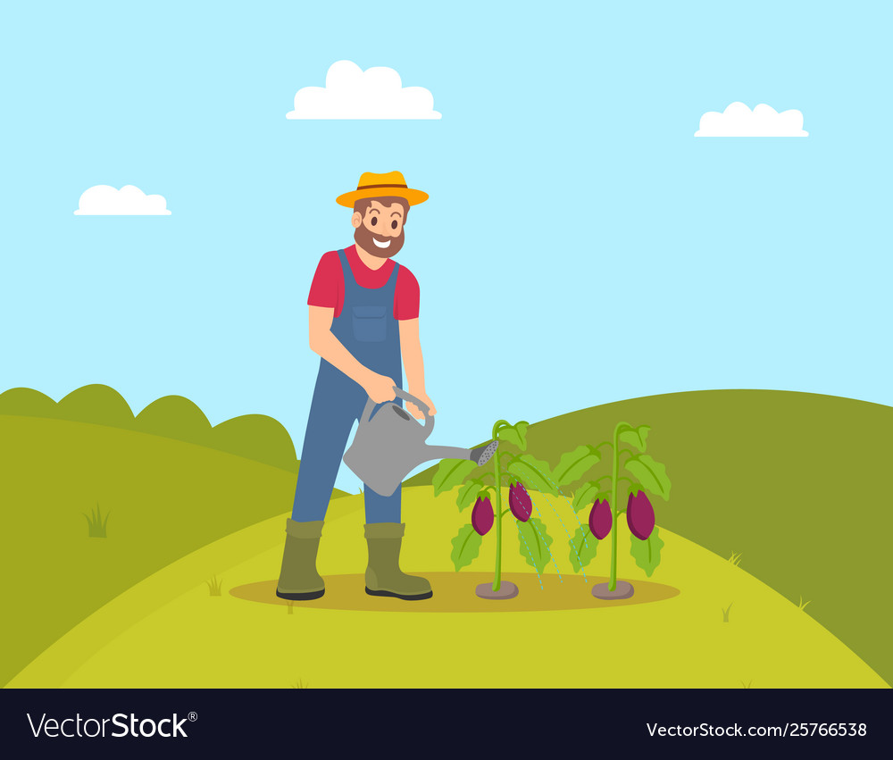 Farmer with Watering Can in Field