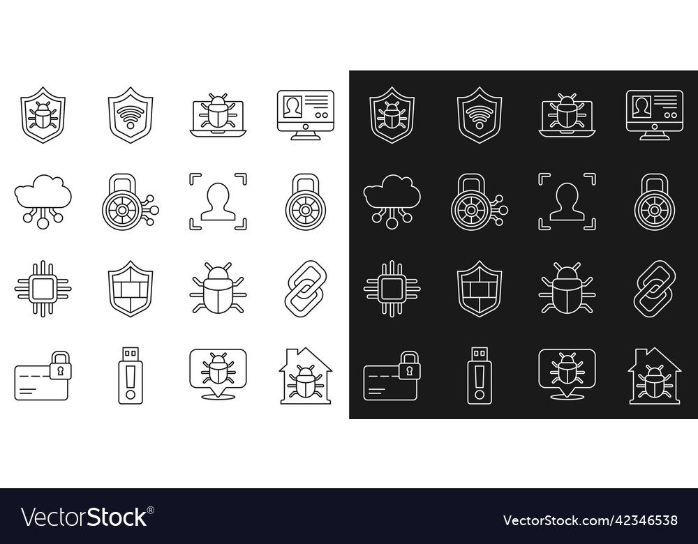 Set line house system bug chain link safe vector image Set line house system bug chain link safe
