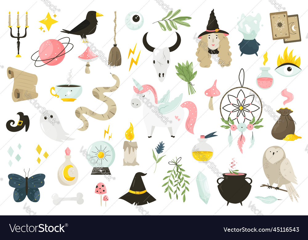 Big set of magical wizard icons characters vector image Big set of magical wizard icons characters