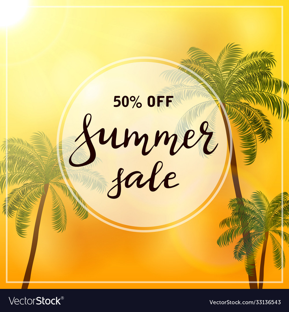 Palm trees on orange background and text summer