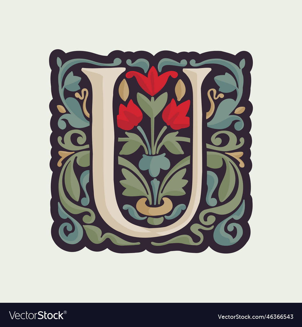 U letter illuminated initial with curve leaf vector image U letter illuminated initial with curve leaf