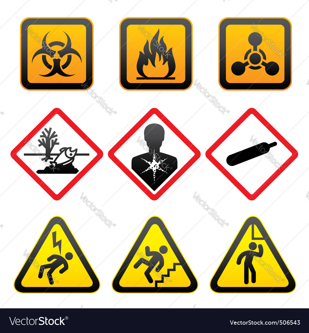 Warning symbols hazard signssecond set Royalty Free Vector