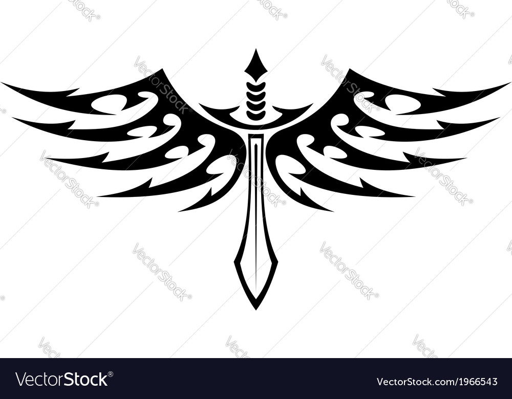 Winged sword tattoo with barbed feathers Vector Image