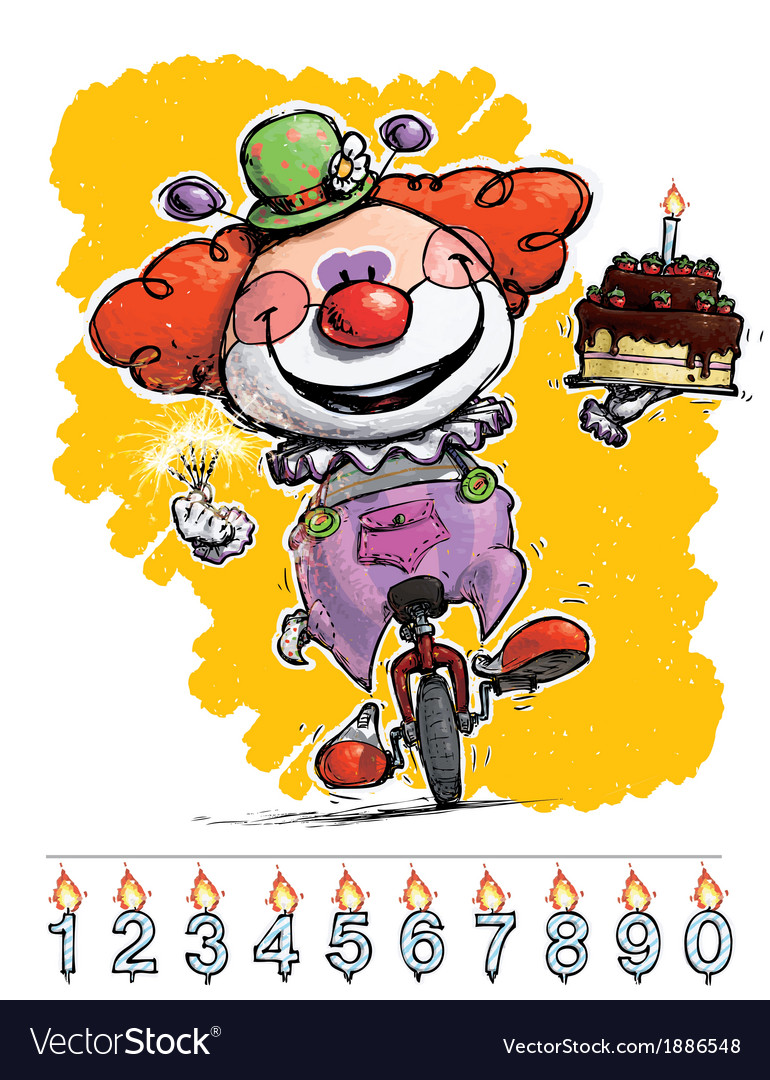 Clown on unicle carrying a birthday cake