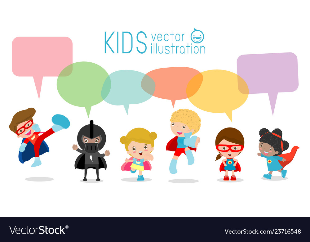 Cute superhero kids with speech bubbles