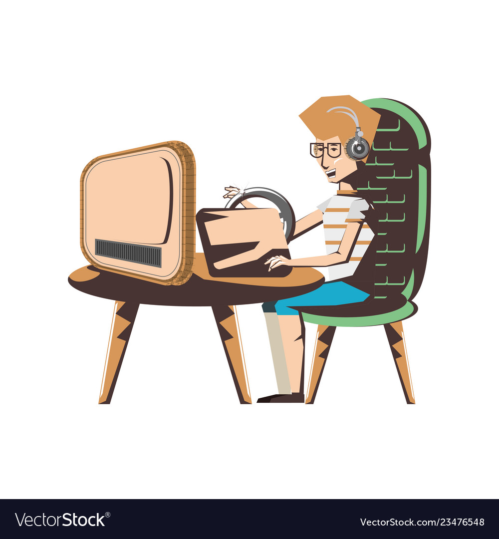 Man with desktop computer and headphone